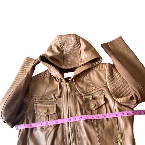 Michael Kors Women’s Brown Leather Hooded Moto Full Zip Jacket, XL - Picture 9 of 10